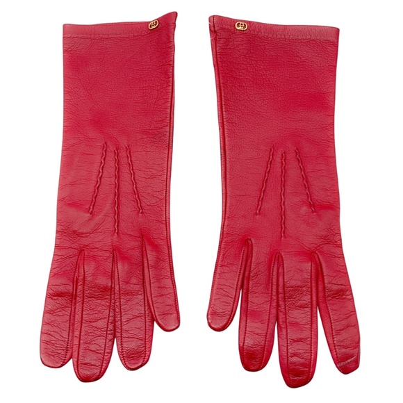 GUCCI VINTAGE RED / GOLD GG LOGO LEATHER GLOVES - Picture 1 of 9